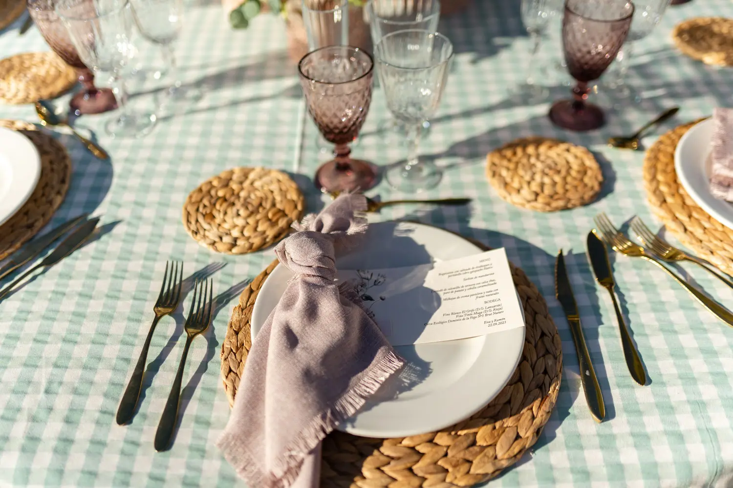 Mesa estilo Jardín de Tarde con mantel vichy mint y servilleta rosa nude
